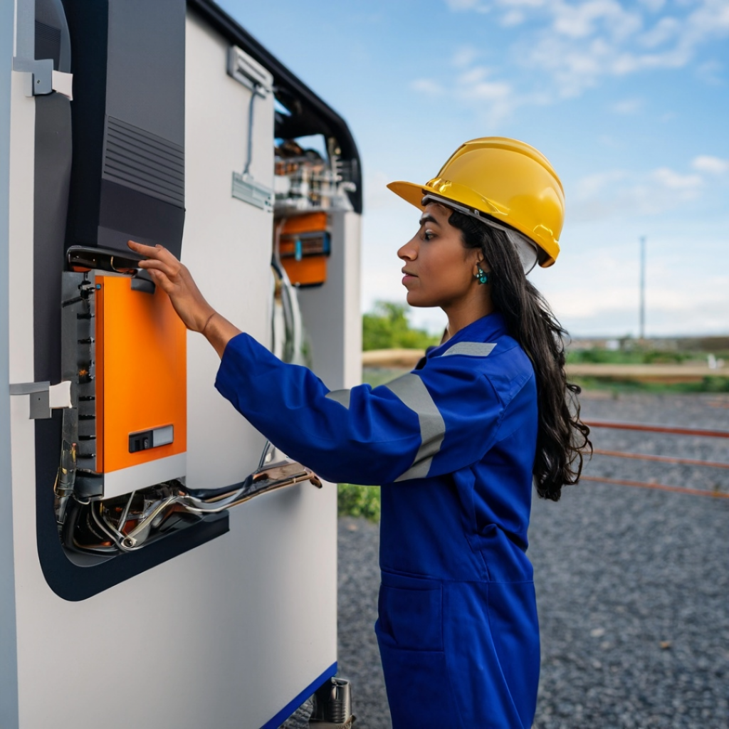 Woman carrying out a service on a generator